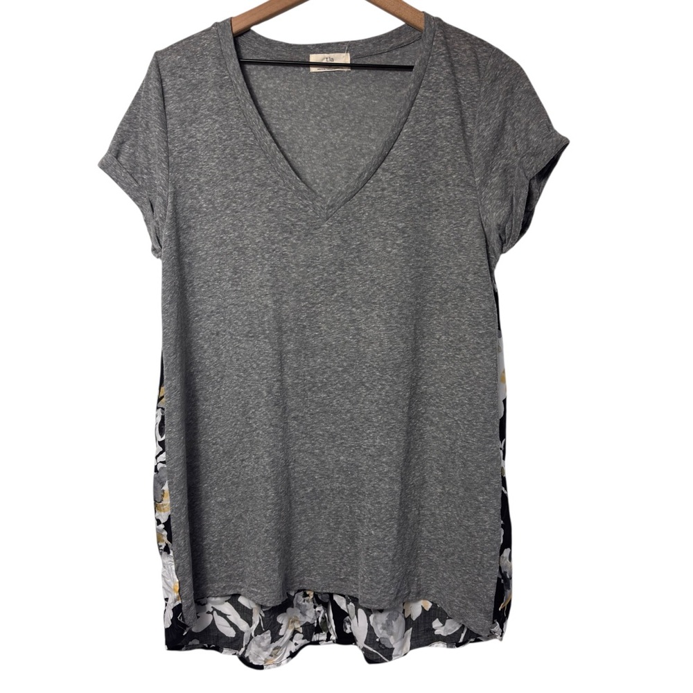 ANTHROPOLOGIE T.LA FLORAL GREY BLACK WHITE WOMEN SHORT SLEEVE BLOUSE SIZE XS